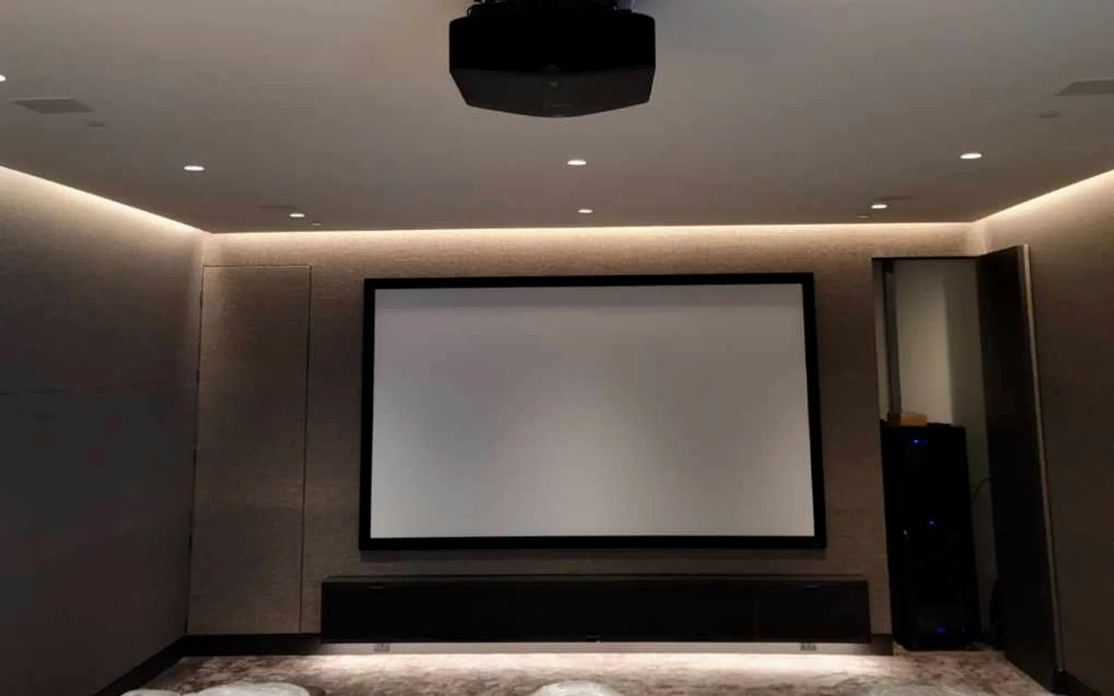 Finished private theater with large projection screen